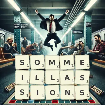 Illustration créative d'un jeu de lettres avec le mot SOMMEILLASSIONS épelé sur le plateau.