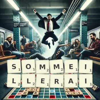 Illustration créative d'un jeu de lettres avec le mot SOMMEILLERAI épelé sur le plateau.