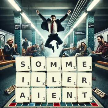 Illustration créative d'un jeu de lettres avec le mot SOMMEILLERAIENT épelé sur le plateau.