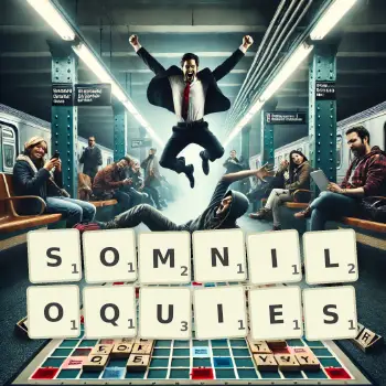 Illustration créative d'un jeu de lettres avec le mot SOMNILOQUIES épelé sur le plateau.