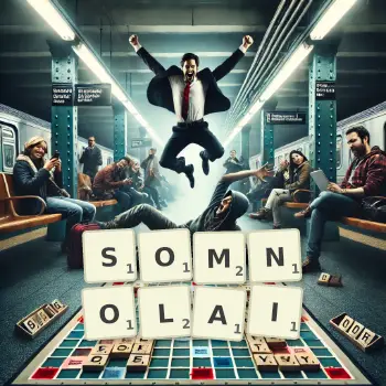 Illustration créative d'un jeu de lettres avec le mot SOMNOLAI épelé sur le plateau.