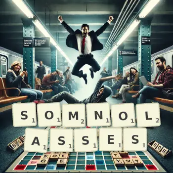 Illustration créative d'un jeu de lettres avec le mot SOMNOLASSES épelé sur le plateau.
