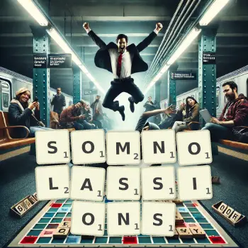 Illustration créative d'un jeu de lettres avec le mot SOMNOLASSIONS épelé sur le plateau.