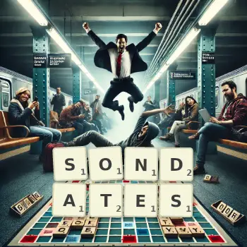 Illustration créative d'un jeu de lettres avec le mot SONDATES épelé sur le plateau.