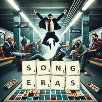 Illustration créative d'un jeu de lettres avec le mot SONGERAS épelé sur le plateau.