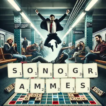 Illustration créative d'un jeu de lettres avec le mot SONOGRAMMES épelé sur le plateau.