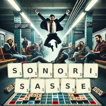Illustration créative d'un jeu de lettres avec le mot SONORISASSE épelé sur le plateau.