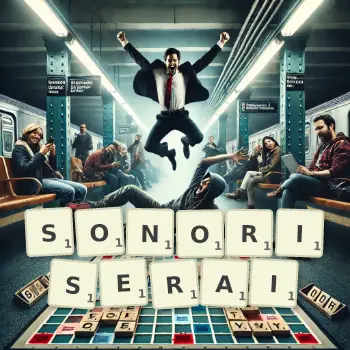 Illustration créative d'un jeu de lettres avec le mot SONORISERAI épelé sur le plateau.