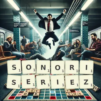 Illustration créative d'un jeu de lettres avec le mot SONORISERIEZ épelé sur le plateau.