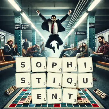 Illustration créative d'un jeu de lettres avec le mot SOPHISTIQUENT épelé sur le plateau.