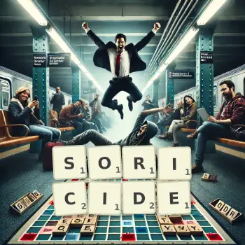 Illustration créative d'un jeu de lettres avec le mot SORICIDE épelé sur le plateau.