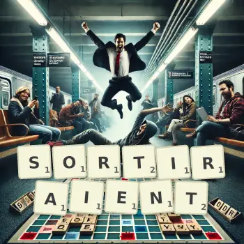 Illustration créative d'un jeu de lettres avec le mot SORTIRAIENT épelé sur le plateau.