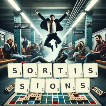 Illustration créative d'un jeu de lettres avec le mot SORTISSIONS épelé sur le plateau.