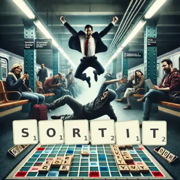 Illustration créative d'un jeu de lettres avec le mot SORTIT épelé sur le plateau.