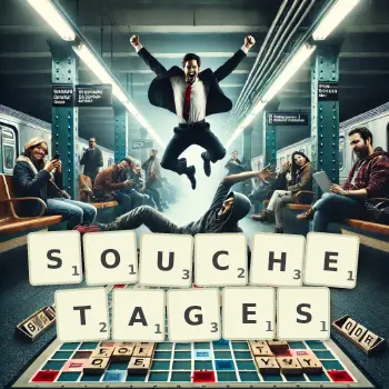 Illustration créative d'un jeu de lettres avec le mot SOUCHETAGES épelé sur le plateau.