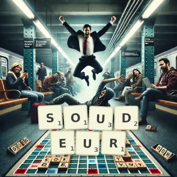 Illustration créative d'un jeu de lettres avec le mot SOUDEUR épelé sur le plateau.