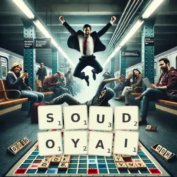 Illustration créative d'un jeu de lettres avec le mot SOUDOYAI épelé sur le plateau.