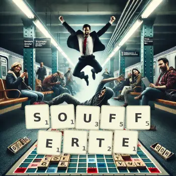 Illustration créative d'un jeu de lettres avec le mot SOUFFERTE épelé sur le plateau.