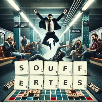 Illustration créative d'un jeu de lettres avec le mot SOUFFERTES épelé sur le plateau.