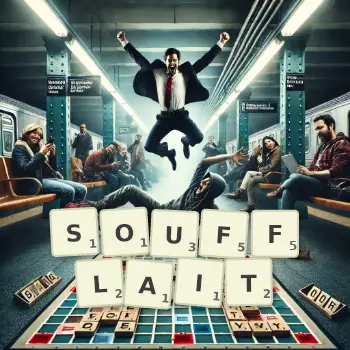 Illustration créative d'un jeu de lettres avec le mot SOUFFLAIT épelé sur le plateau.