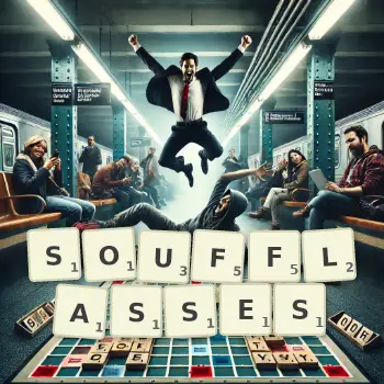Illustration créative d'un jeu de lettres avec le mot SOUFFLASSES épelé sur le plateau.