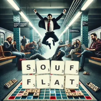 Illustration créative d'un jeu de lettres avec le mot SOUFFLAT épelé sur le plateau.