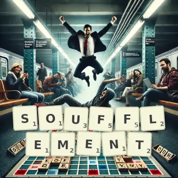 Illustration créative d'un jeu de lettres avec le mot SOUFFLEMENT épelé sur le plateau.