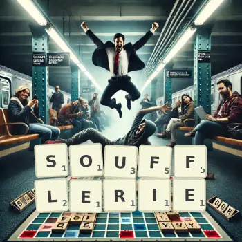 Illustration créative d'un jeu de lettres avec le mot SOUFFLERIE épelé sur le plateau.