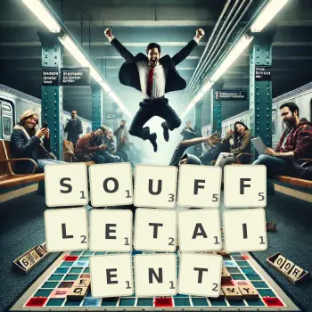 Illustration créative d'un jeu de lettres avec le mot SOUFFLETAIENT épelé sur le plateau.