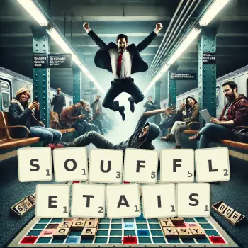 Illustration créative d'un jeu de lettres avec le mot SOUFFLETAIS épelé sur le plateau.