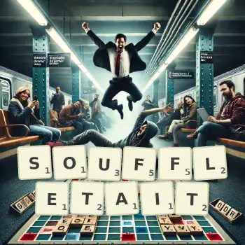 Illustration créative d'un jeu de lettres avec le mot SOUFFLETAIT épelé sur le plateau.