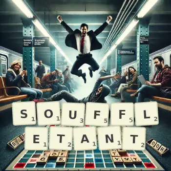 Illustration créative d'un jeu de lettres avec le mot SOUFFLETANT épelé sur le plateau.