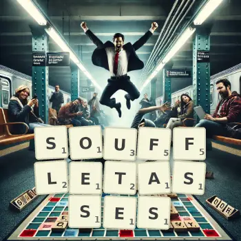 Illustration créative d'un jeu de lettres avec le mot SOUFFLETASSES épelé sur le plateau.