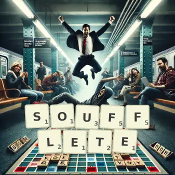 Illustration créative d'un jeu de lettres avec le mot SOUFFLETE épelé sur le plateau.
