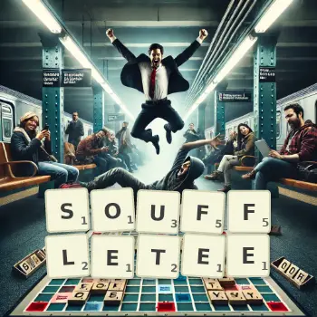 Illustration créative d'un jeu de lettres avec le mot SOUFFLETEE épelé sur le plateau.