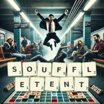 Illustration créative d'un jeu de lettres avec le mot SOUFFLETENT épelé sur le plateau.