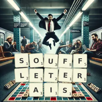 Illustration créative d'un jeu de lettres avec le mot SOUFFLETERAIS épelé sur le plateau.