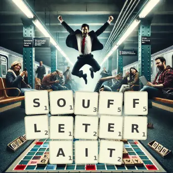 Illustration créative d'un jeu de lettres avec le mot SOUFFLETERAIT épelé sur le plateau.