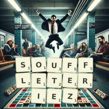 Illustration créative d'un jeu de lettres avec le mot SOUFFLETERIEZ épelé sur le plateau.
