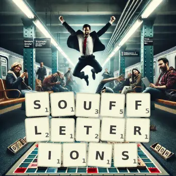 Illustration créative d'un jeu de lettres avec le mot SOUFFLETERIONS épelé sur le plateau.