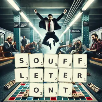 Illustration créative d'un jeu de lettres avec le mot SOUFFLETERONT épelé sur le plateau.