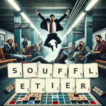 Illustration créative d'un jeu de lettres avec le mot SOUFFLETIER épelé sur le plateau.