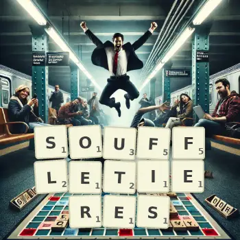 Illustration créative d'un jeu de lettres avec le mot SOUFFLETIERES épelé sur le plateau.