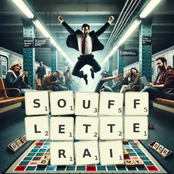 Illustration créative d'un jeu de lettres avec le mot SOUFFLETTERAI épelé sur le plateau.