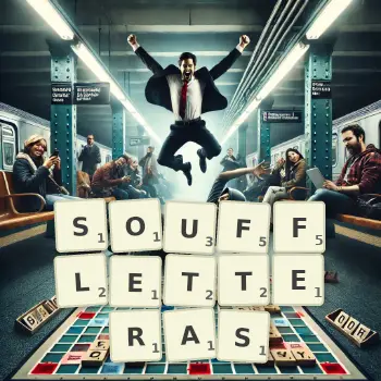 Illustration créative d'un jeu de lettres avec le mot SOUFFLETTERAS épelé sur le plateau.
