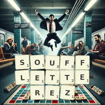 Illustration créative d'un jeu de lettres avec le mot SOUFFLETTEREZ épelé sur le plateau.