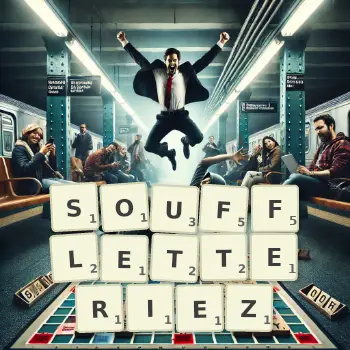 Illustration créative d'un jeu de lettres avec le mot SOUFFLETTERIEZ épelé sur le plateau.