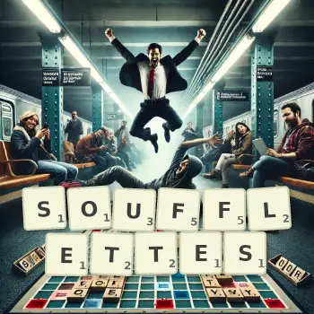 Illustration créative d'un jeu de lettres avec le mot SOUFFLETTES épelé sur le plateau.