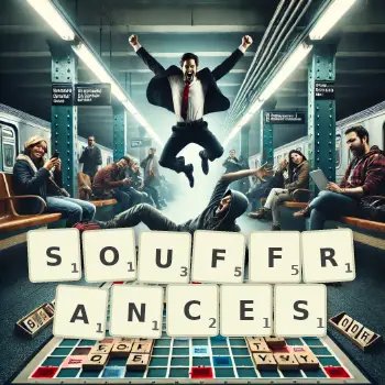 Illustration créative d'un jeu de lettres avec le mot SOUFFRANCES épelé sur le plateau.