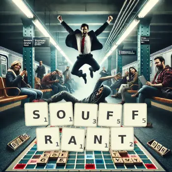 Illustration créative d'un jeu de lettres avec le mot SOUFFRANT épelé sur le plateau.